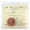 1997 Canada 1-cent ICCS Certified MS-67 Red