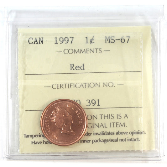 1997 Canada 1-cent ICCS Certified MS-67 Red