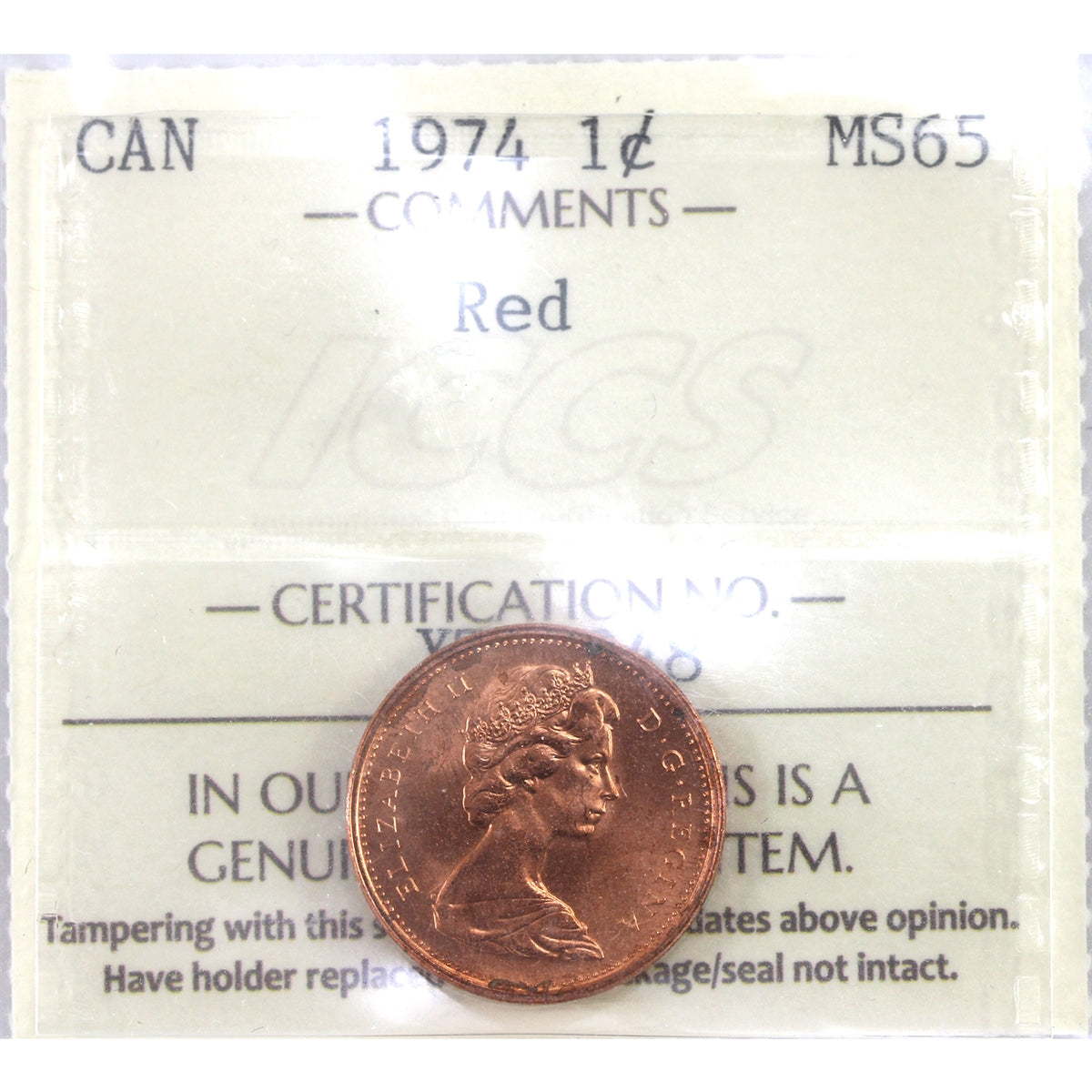 1974 Canada 1-cent ICCS Certified MS65 Red