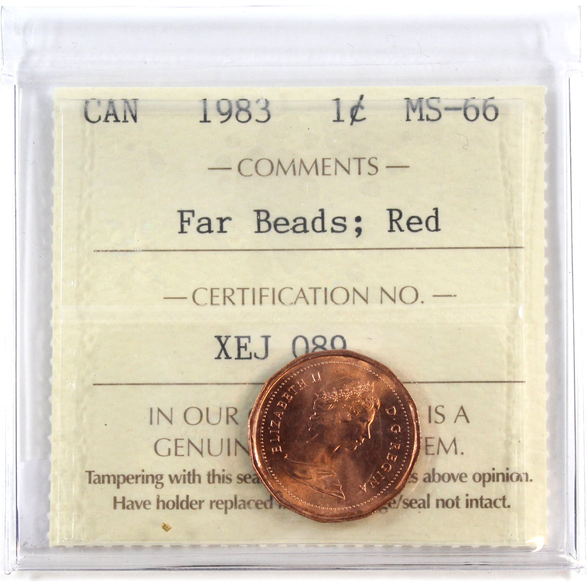 1983 Far Beads Canada 1-cent ICCS Certified MS66 Red