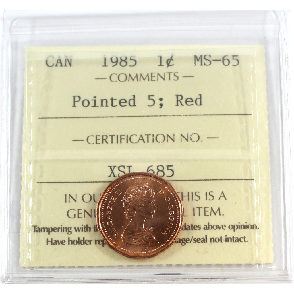 1985 Pointed 5 Canada 1-cent ICCS Certified MS65 Red