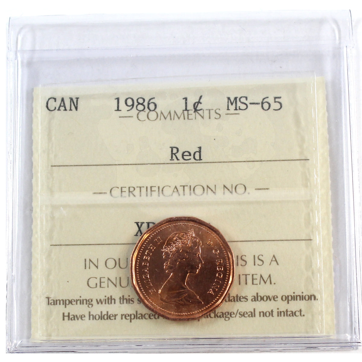 1986 Canada 1-cent ICCS Certified MS65 Red