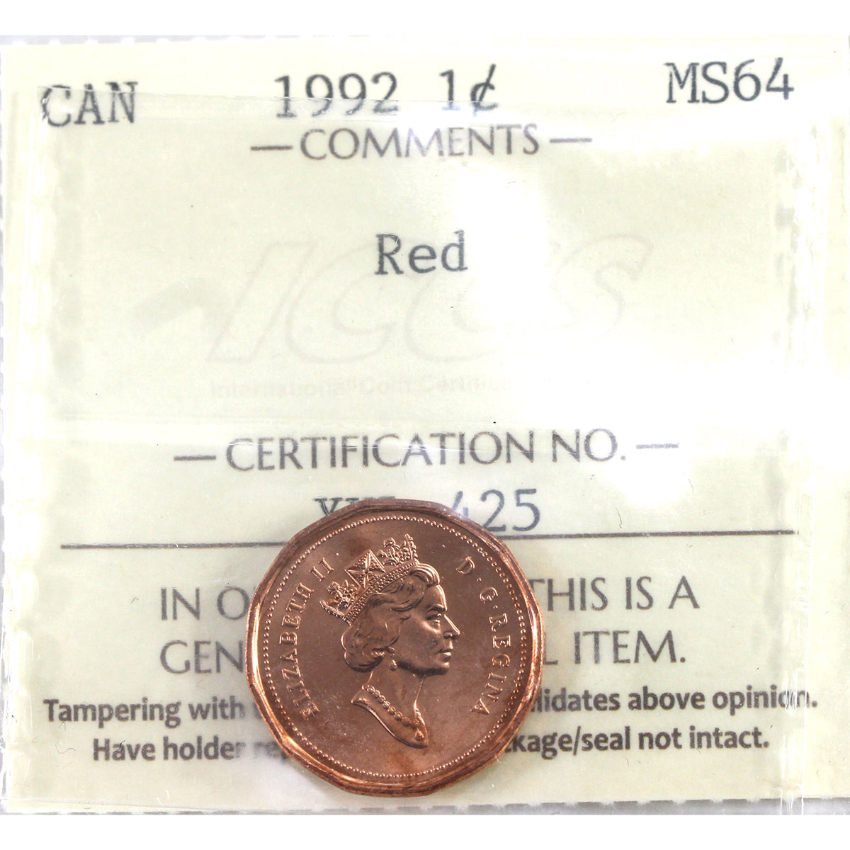 1992 Canada 1-cent ICCS Certified MS64 Red