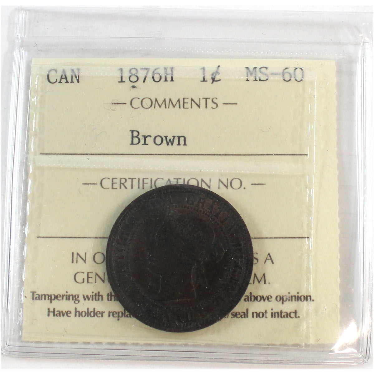 1876H Canada 1-cent ICCS Certified MS60 Brown