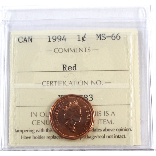 1994 Canada 1-cent ICCS Certified MS-66 Red
