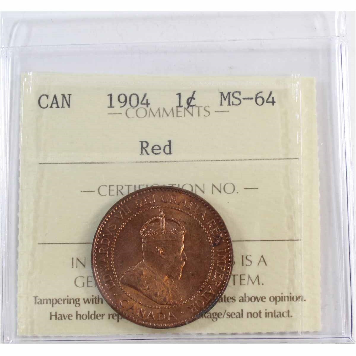 1904 Canada 1-cent ICCS Certified MS64 Red (XTR 202)