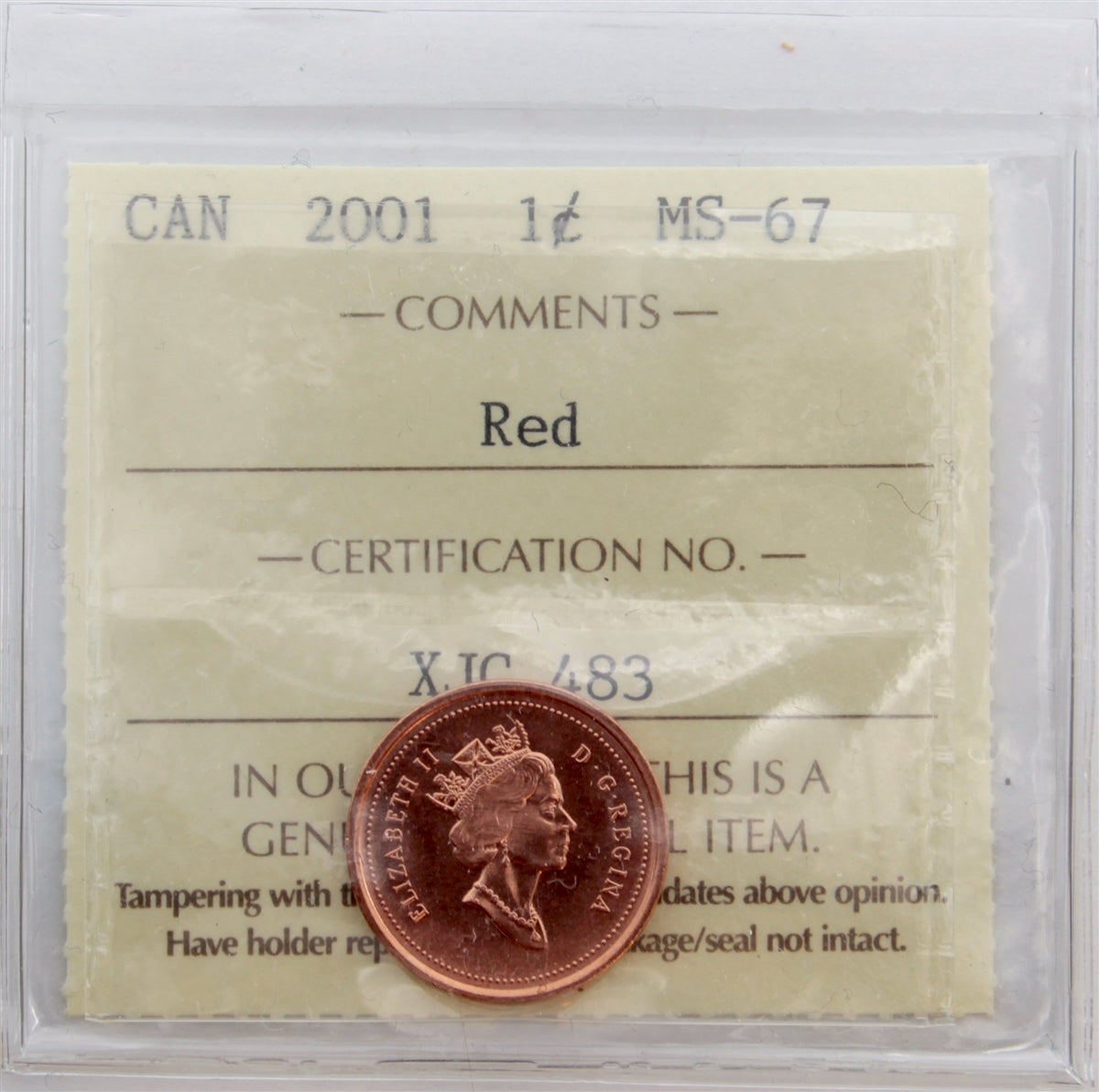 2001 Canada 1-cent ICCS Certified MS67 Red