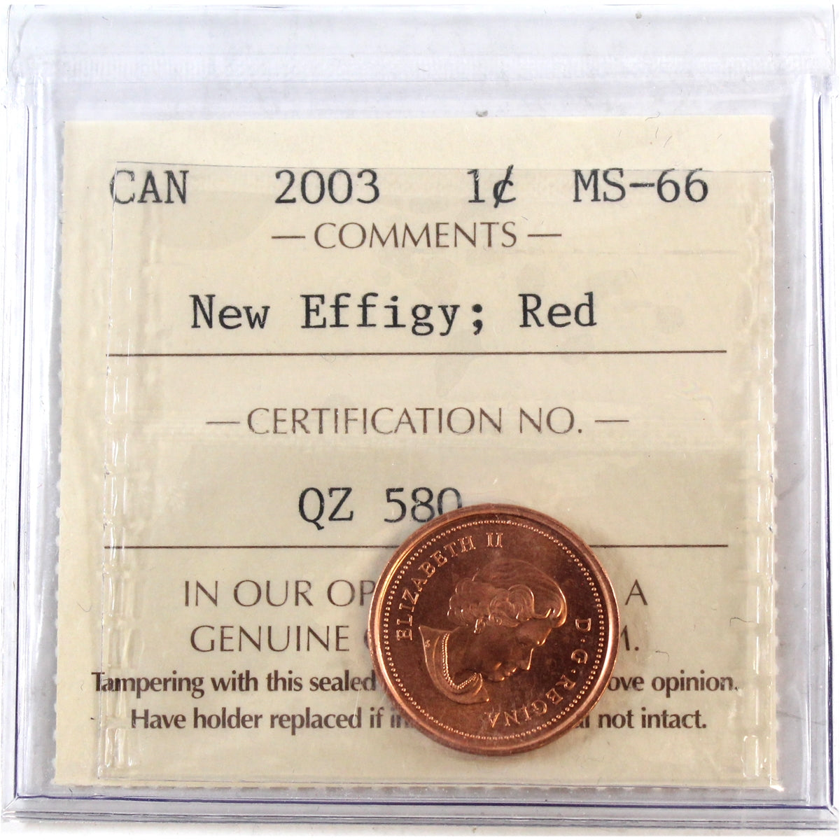 2003 New Effigy Canada 1-cent ICCS Certified MS66 Red