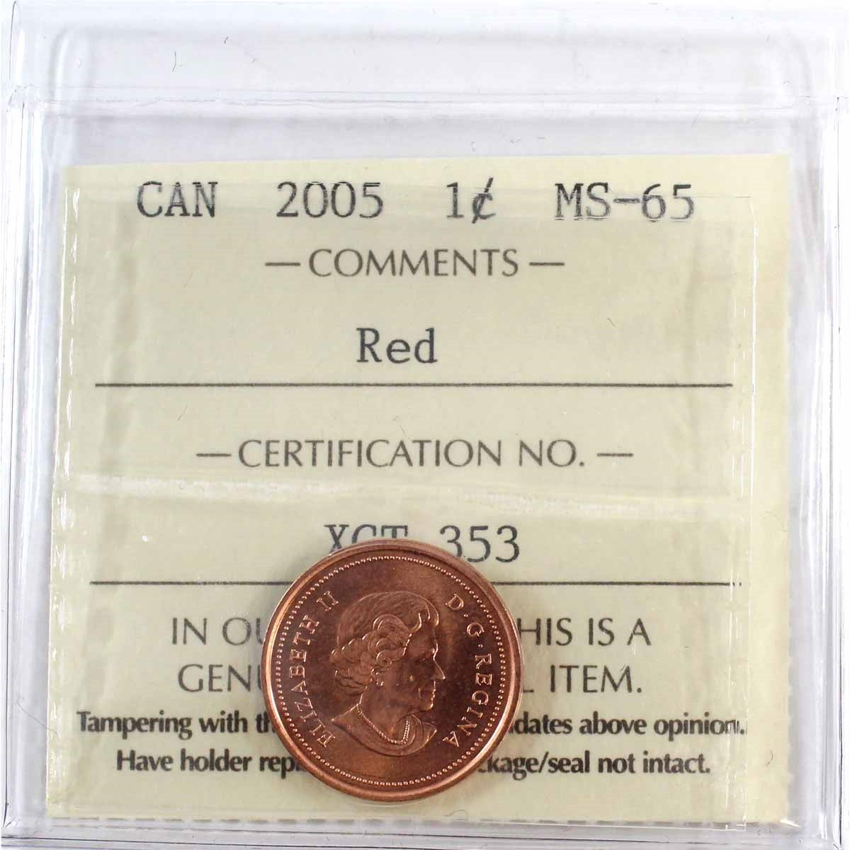 2005 Canada 1-cent ICCS Certified MS65 Red