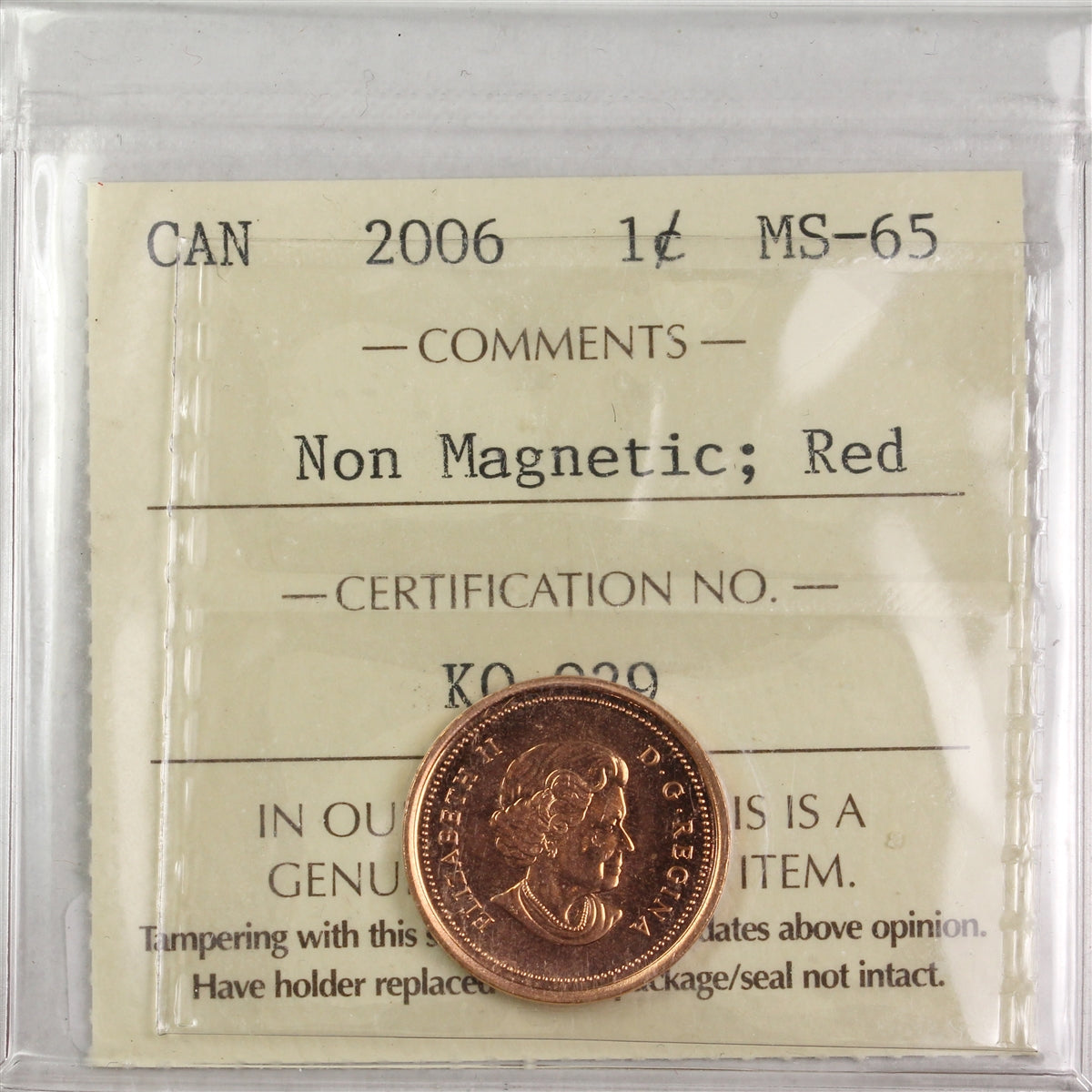 2006 Non Magnetic Canada 1-cent ICCS Certified MS65 Red
