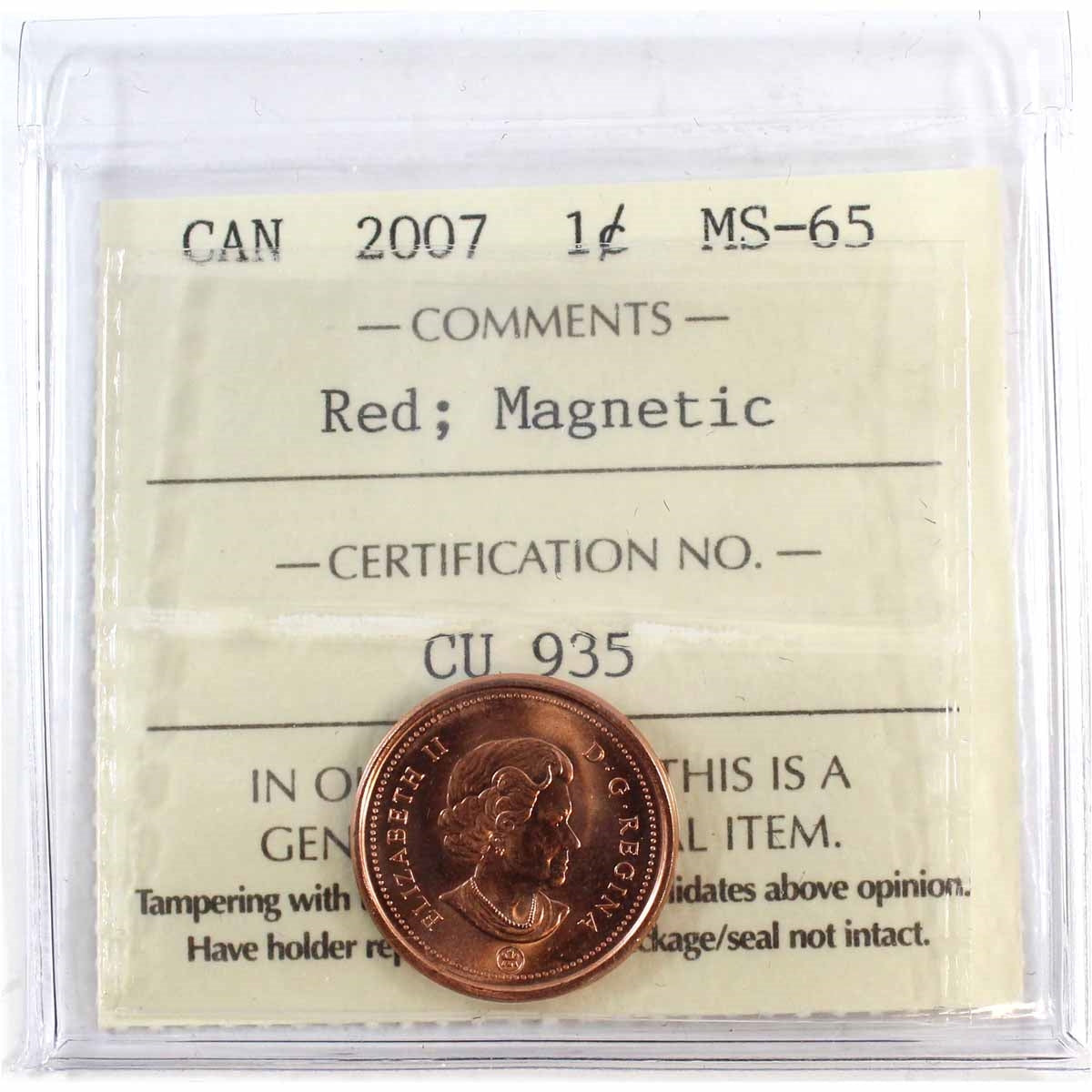2007 Magnetic Canada 1-cent ICCS Certified MS65 Red