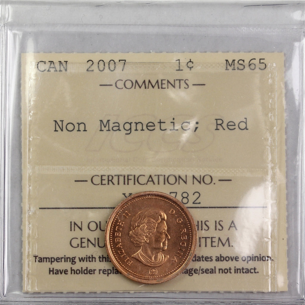 2007 Non Magnetic Canada 1-cent ICCS Certified MS65 Red