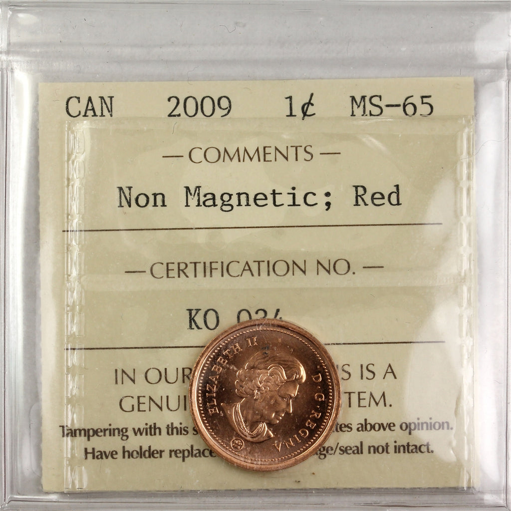 2009 Non Magnetic Canada 1-cent ICCS Certified MS-65 Red