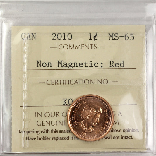 2010 Non Magnetic Canada 1-cent ICCS Certified MS65 Red