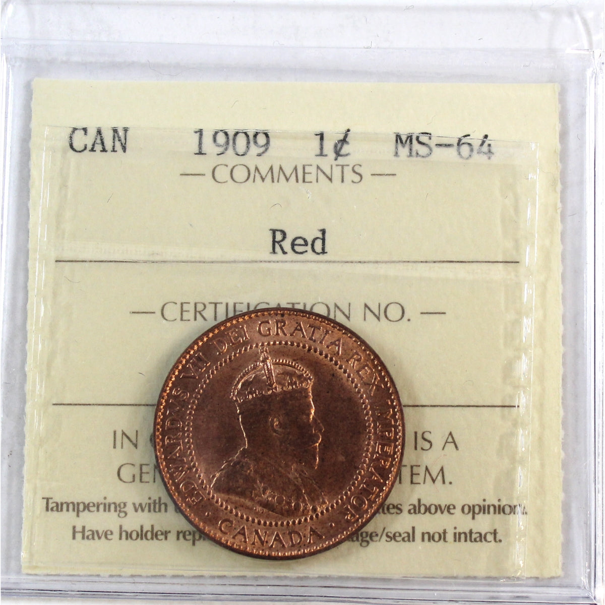 1909 Canada 1-cent ICCS Certified MS64 Red (XJX 136)