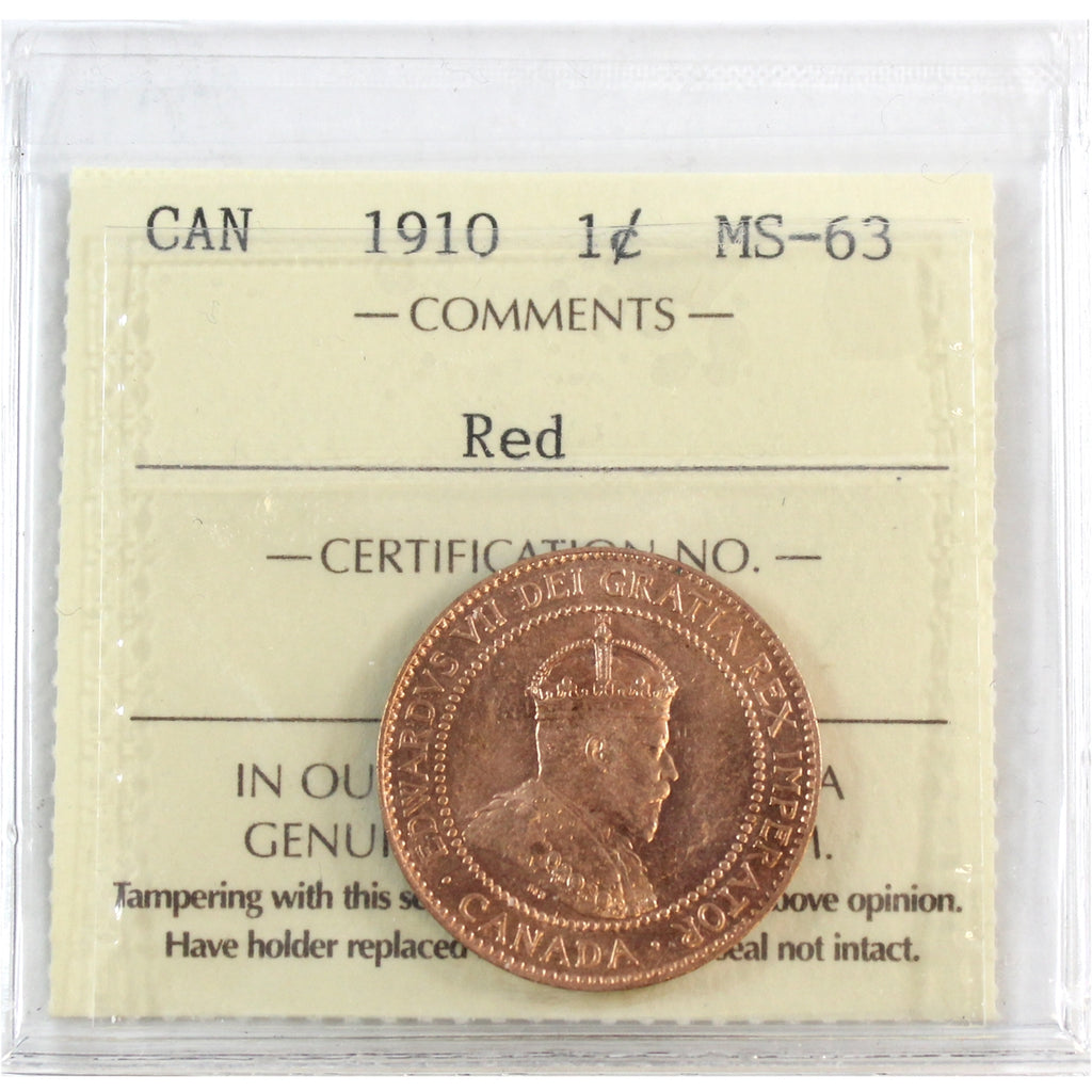 1910 Canada 1-cent ICCS Certified MS63 Red