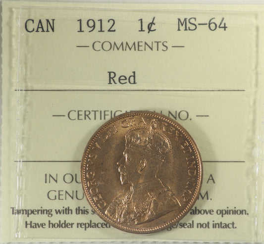 1912 Canada 1-cent ICCS Certified MS64 Red