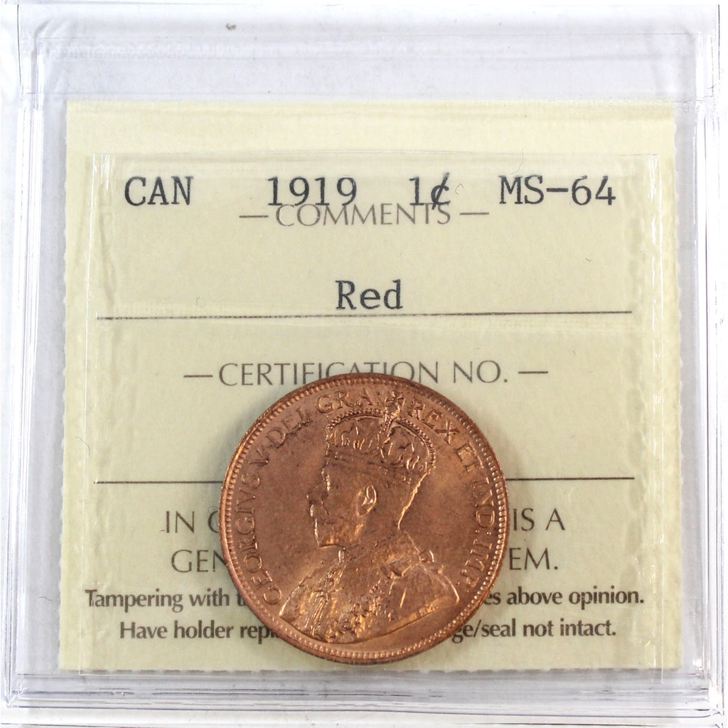 1919 Canada 1-cent ICCS Certified MS64 Red