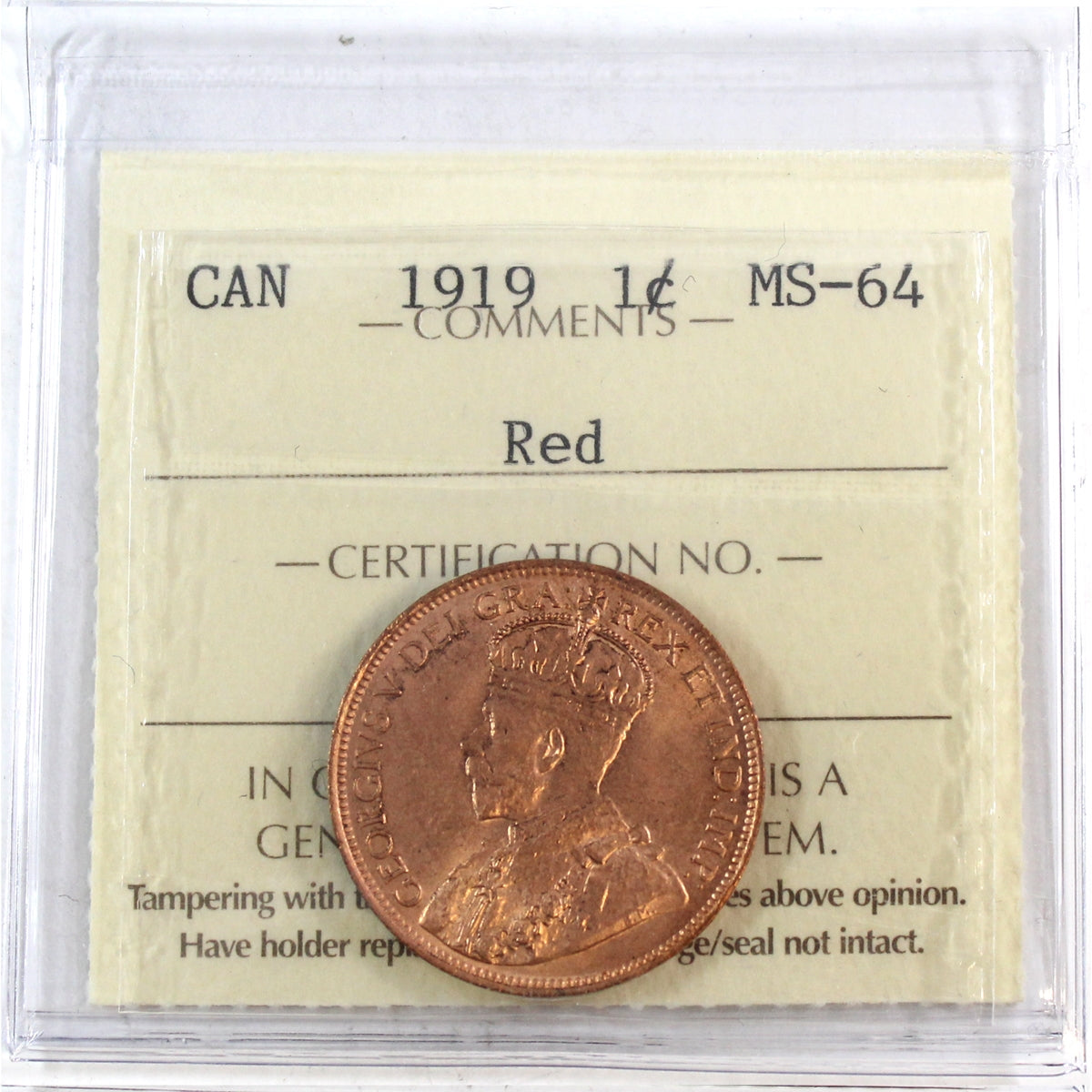 1919 Canada 1-cent ICCS Certified MS64 Red