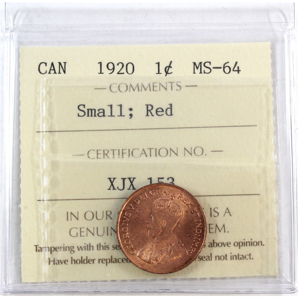 1920 Small Canada 1-cent ICCS Certified MS64 Red