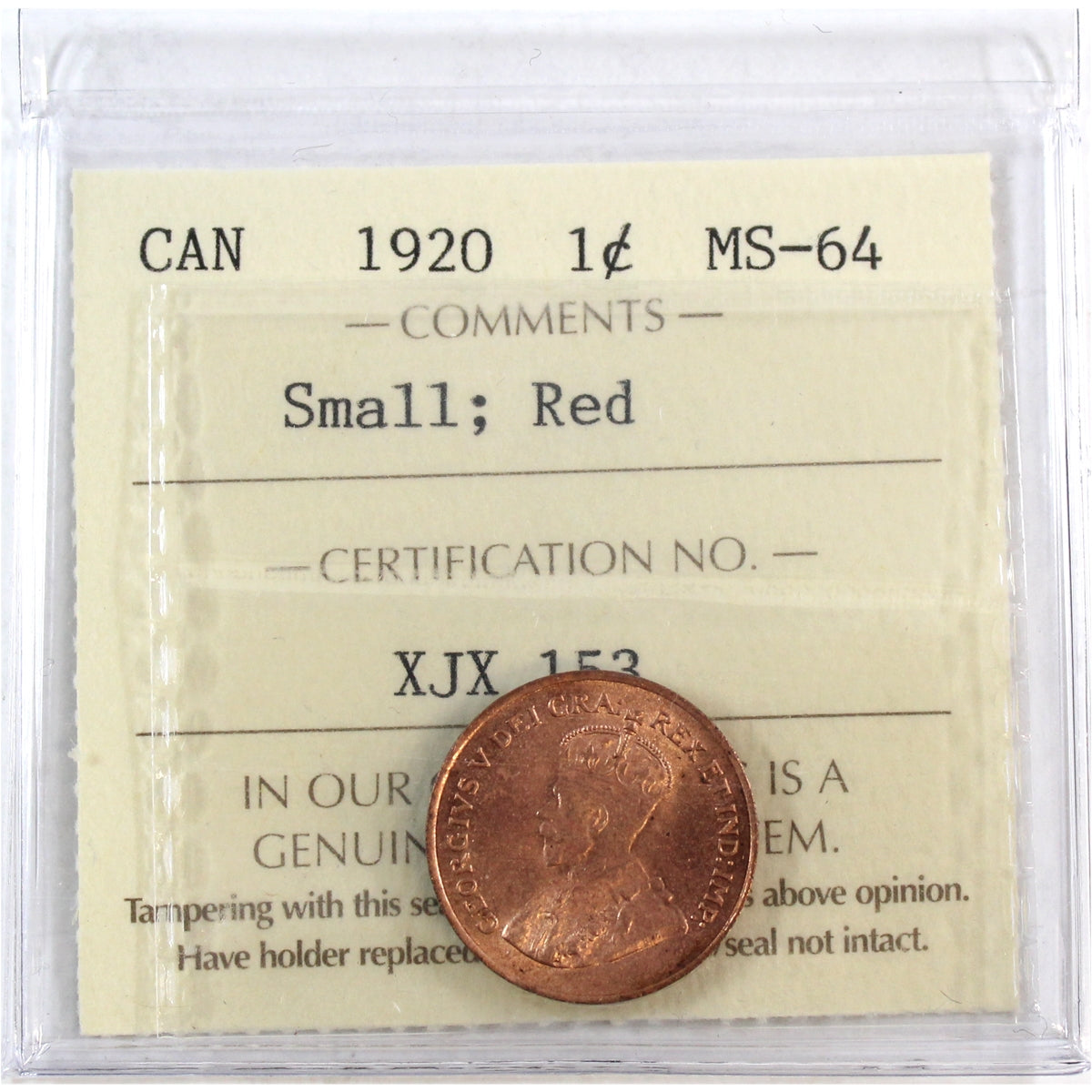1920 Small Canada 1-cent ICCS Certified MS64 Red