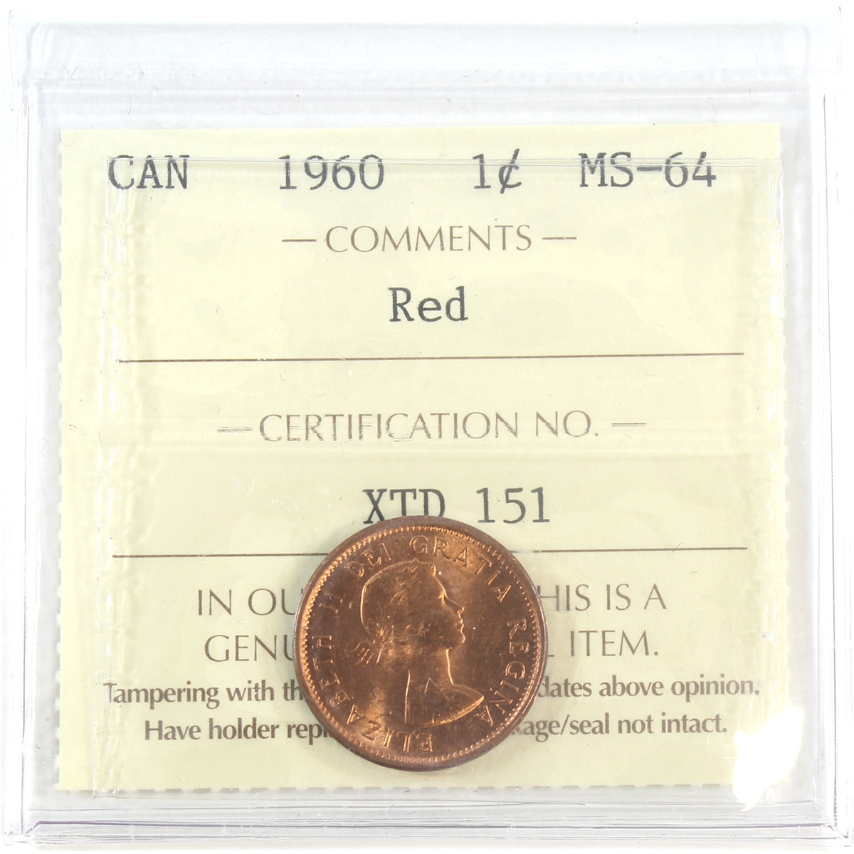1960 Canada 1-cent ICCS Certified MS64