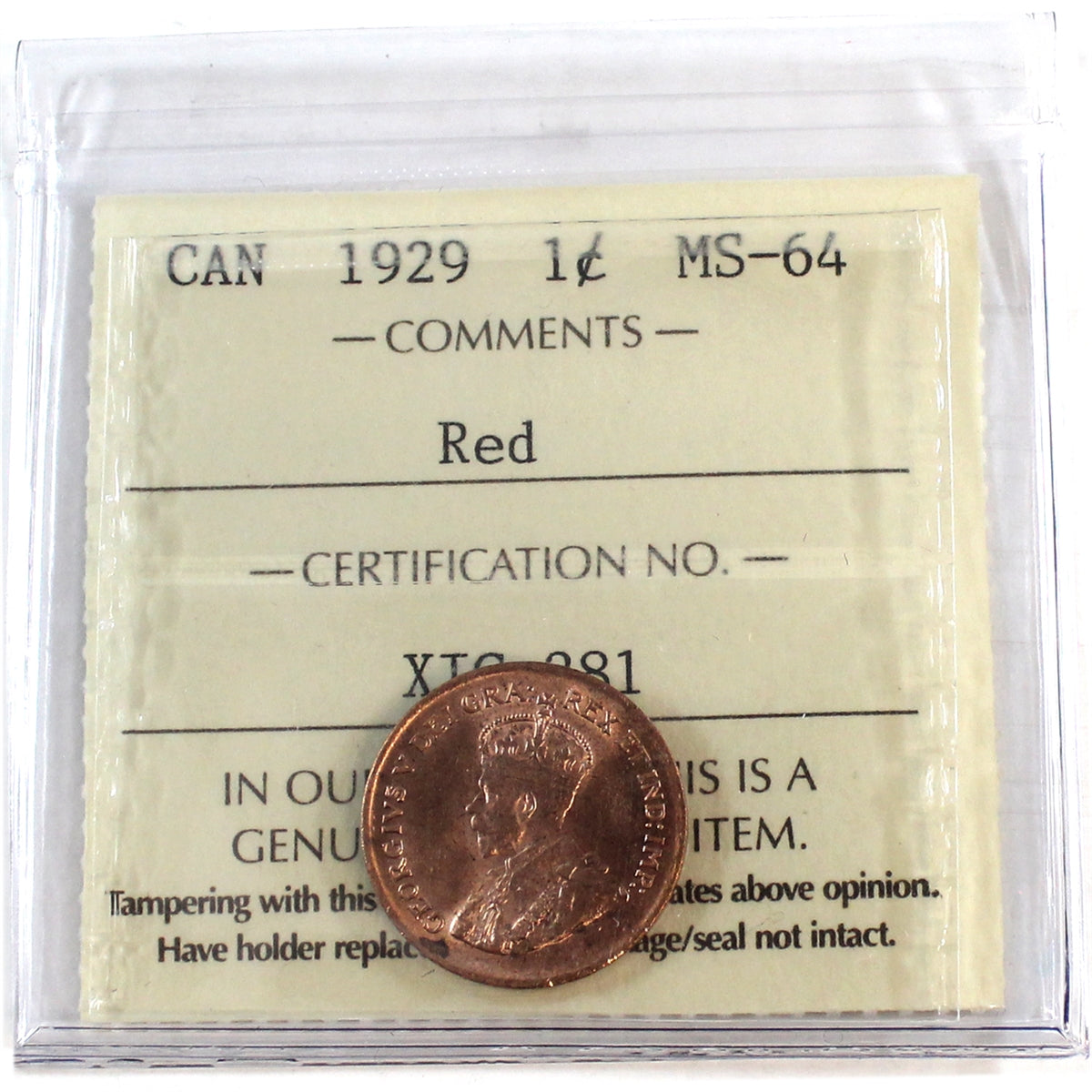 1929 Canada 1-cent ICCS Certified MS64 Red (XIC 381)