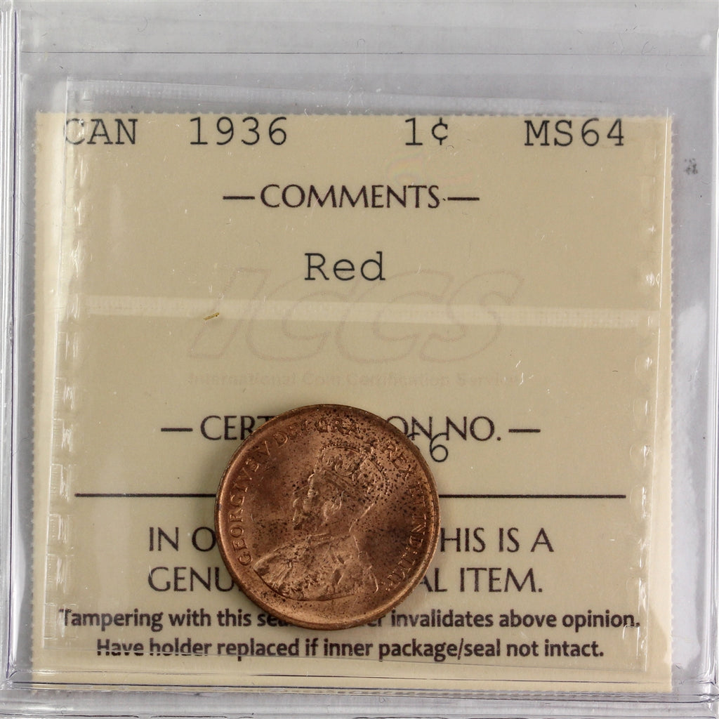 1936 Canada 1-cent ICCS Certified MS64 Red