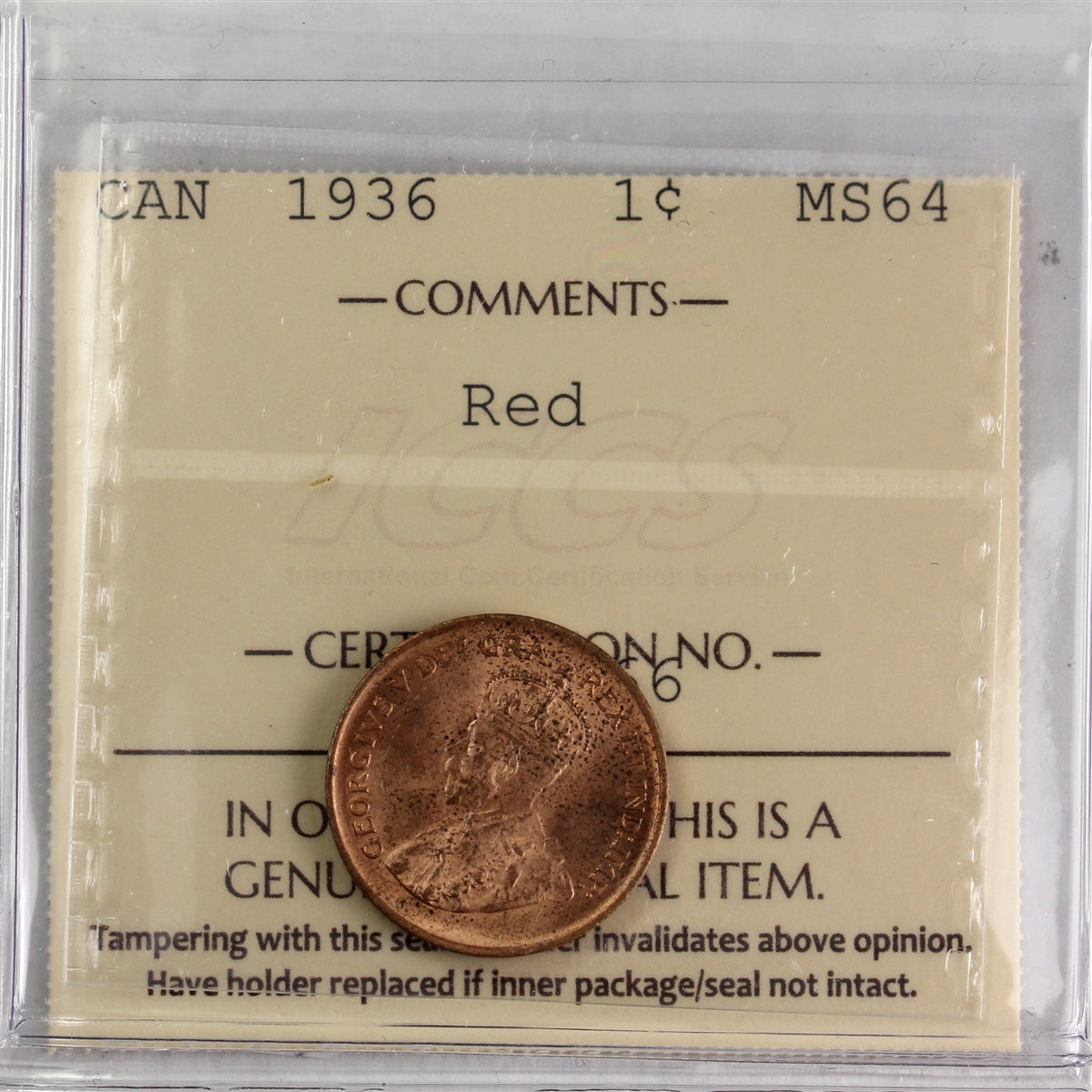 1936 Canada 1-cent ICCS Certified MS64 Red