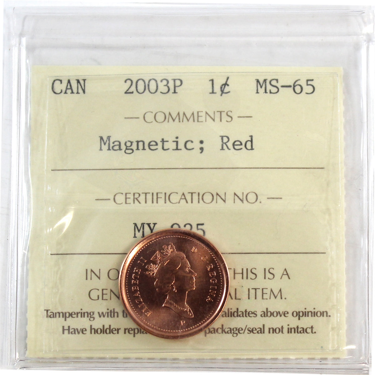 2003P Old Effigy, Magnetic Canada 1-cent ICCS Certified MS65 Red