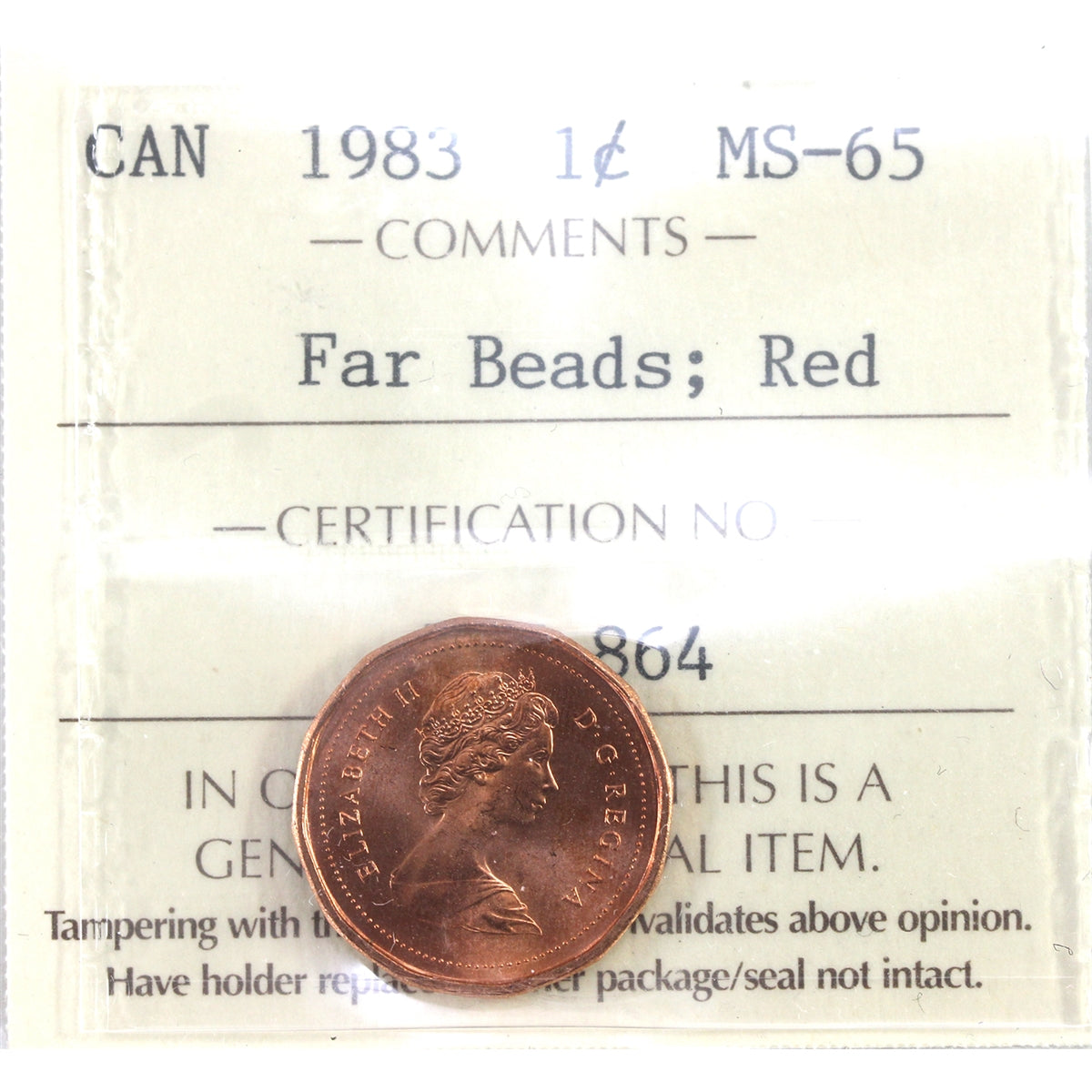 1983 Far Beads Canada 1-cent ICCS Certified MS65 Red