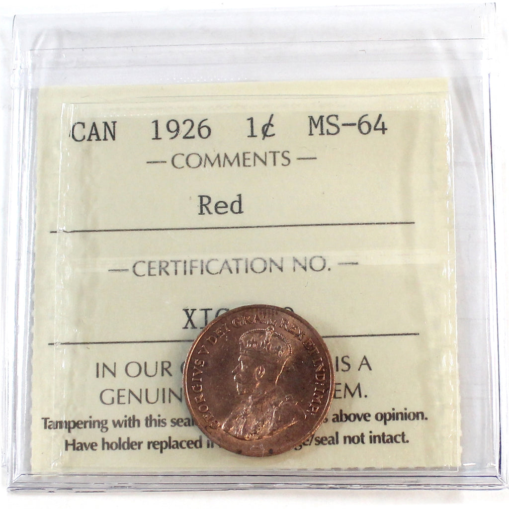 1926 Canada 1-cent ICCS Certified MS64 Red (XIC 380)