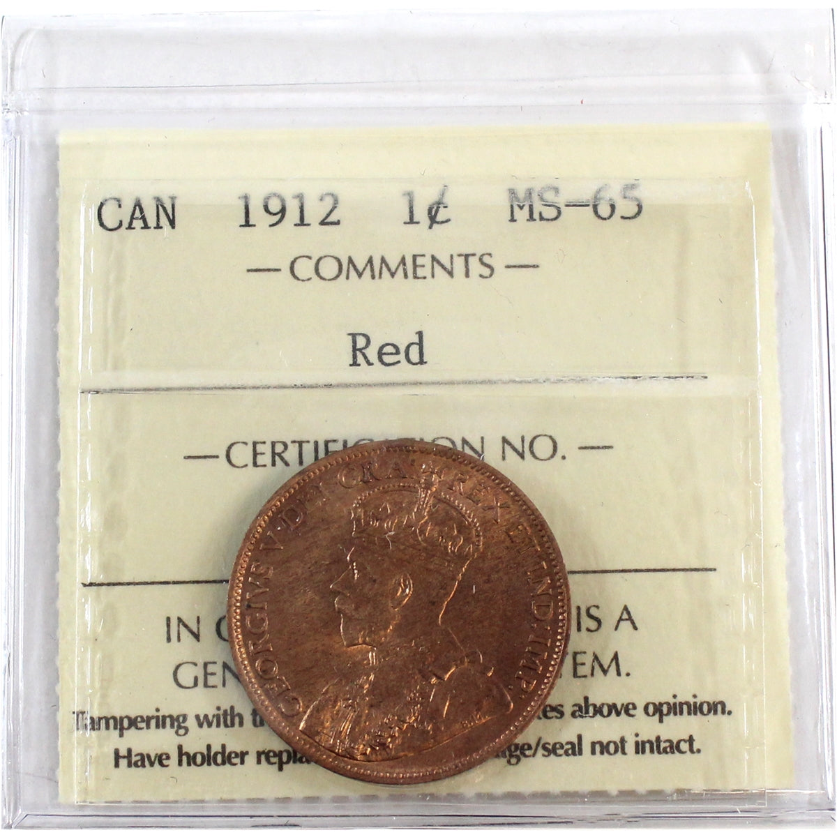 1912 Canada 1-cent ICCS Certified MS-65 Red (XQL 146)
