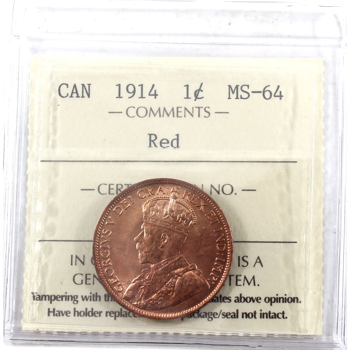 1914 Canada 1-cent ICCS Certified MS64 Red (XCE 744)