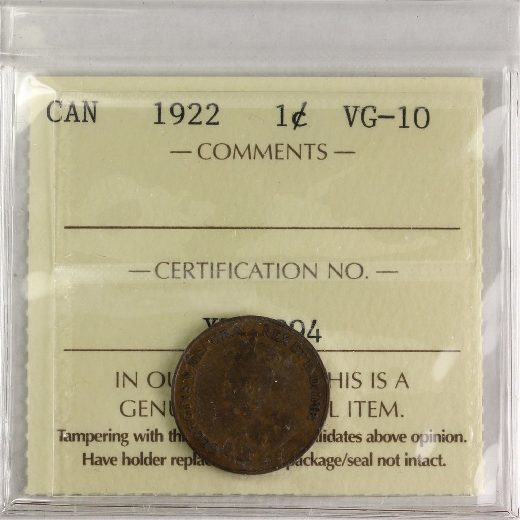 1922 Canada 1-cent ICCS Certified VG10