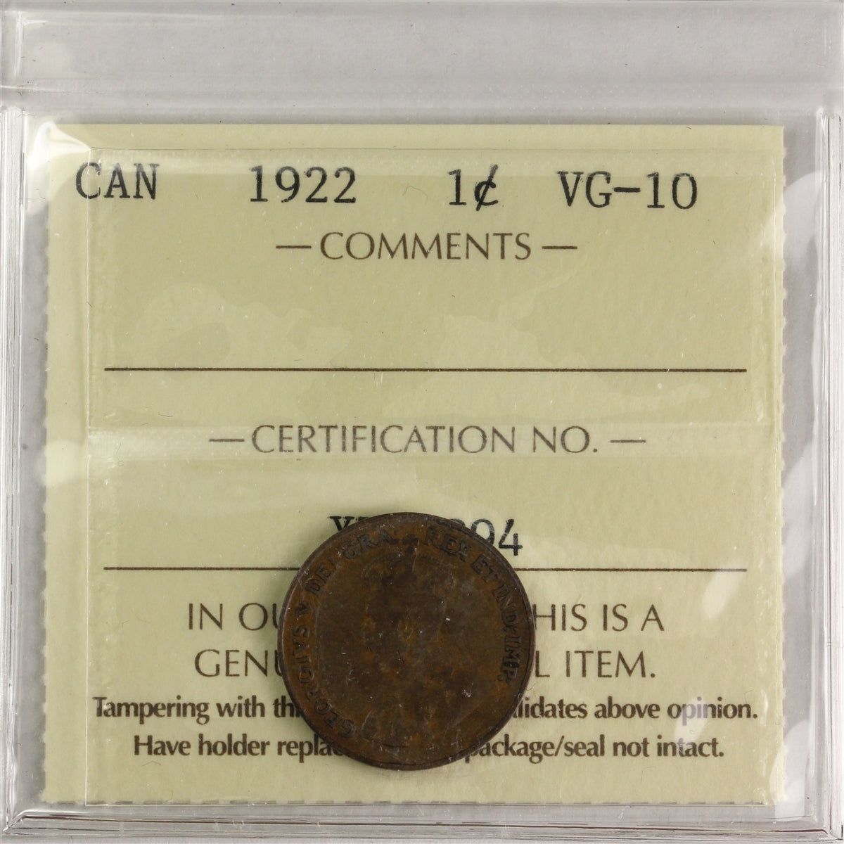1922 Canada 1-cent ICCS Certified VG10