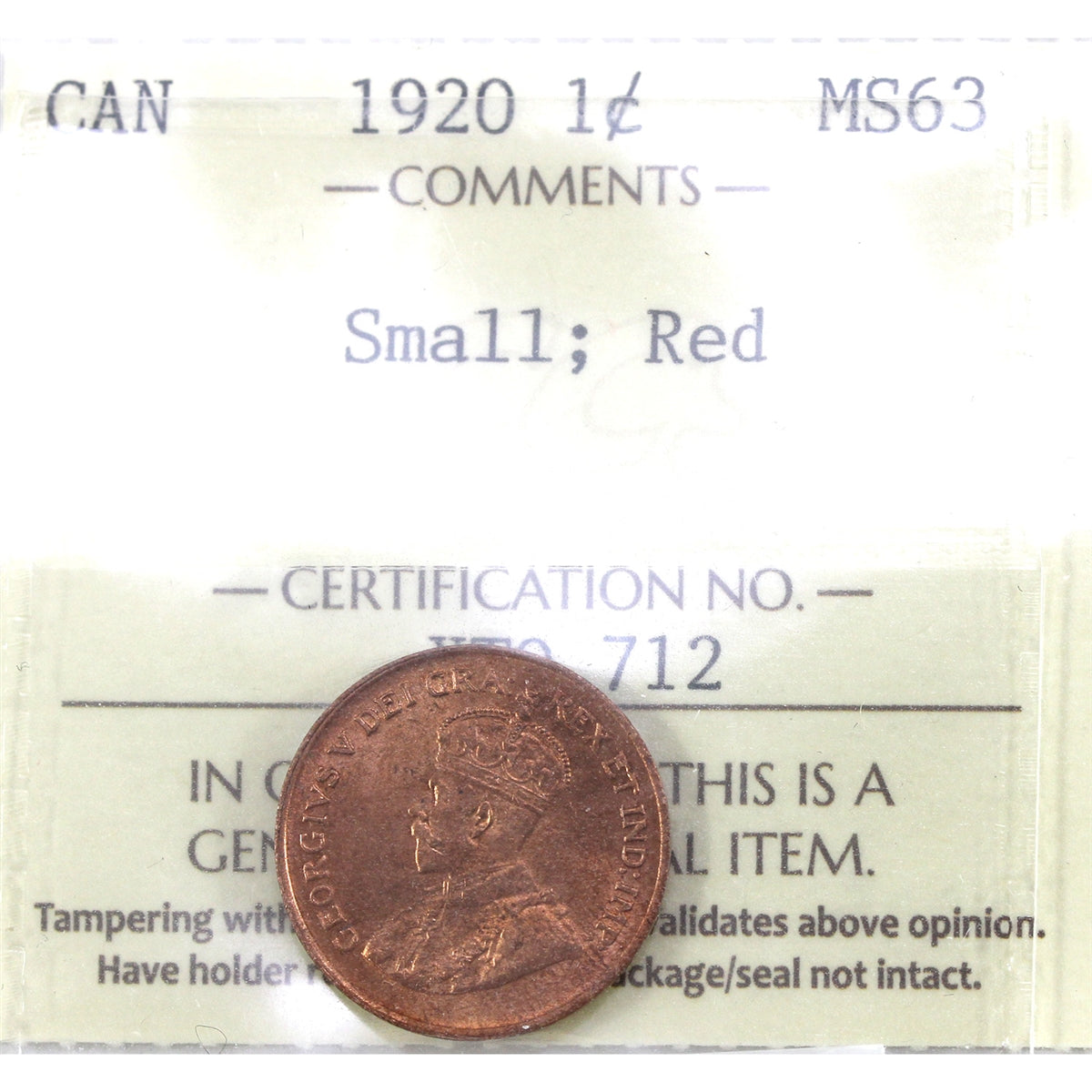 1920 Small Canada 1-cent ICCS Certified MS-63