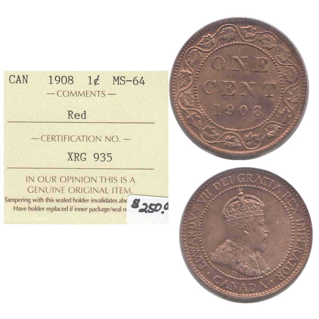 1908 Canada 1-cent ICCS Certified MS-64 Red (XRG 935)