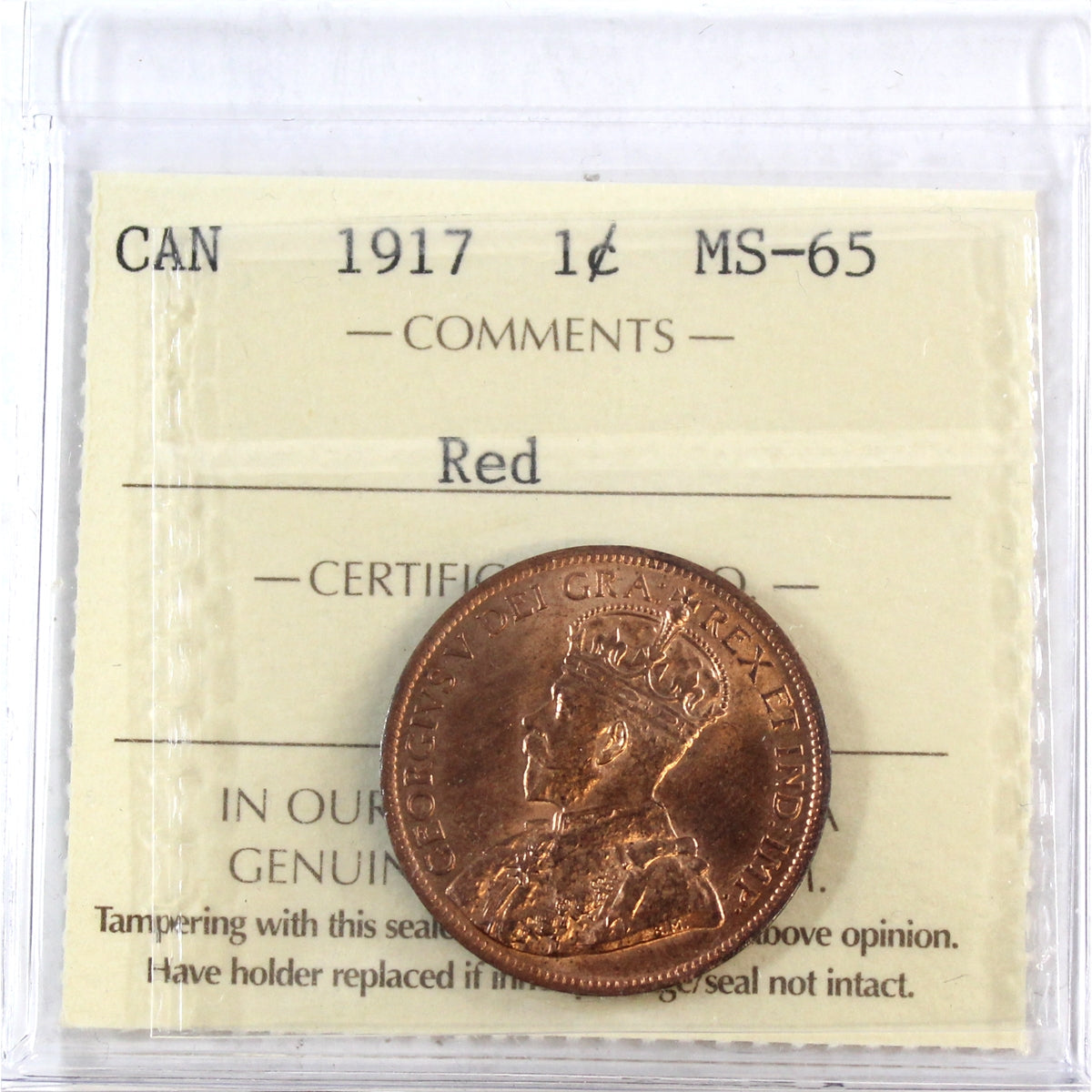 1917 Canada 1-cent ICCS Certified MS65 Red (XPQ 713)