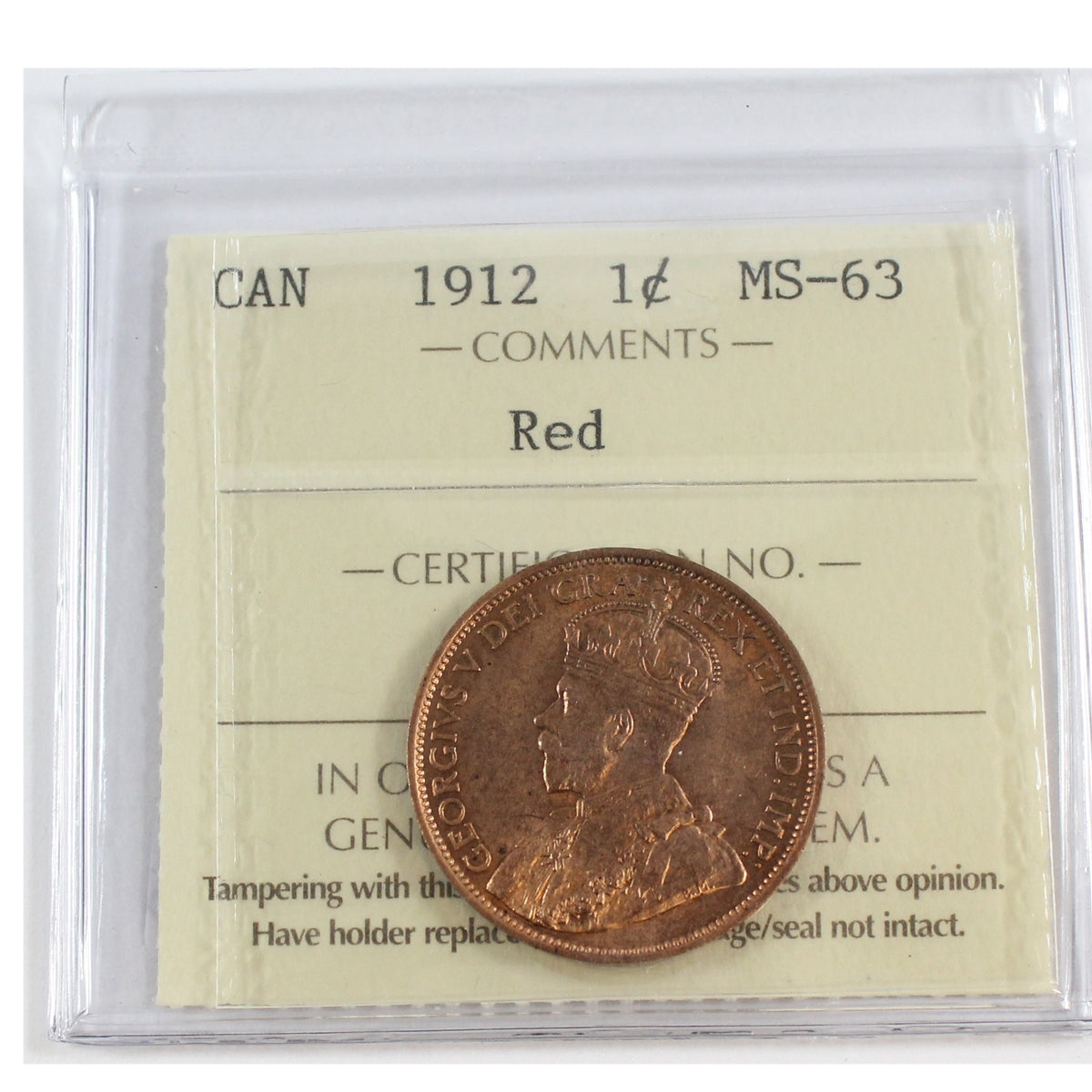 1912 Canada 1-cent ICCS Certified MS63 Red