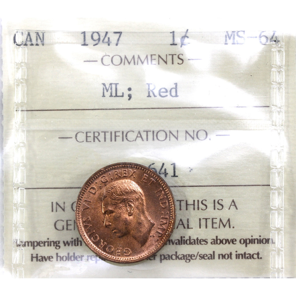 1947 ML Canada 1-cent ICCS Certified MS64 Red