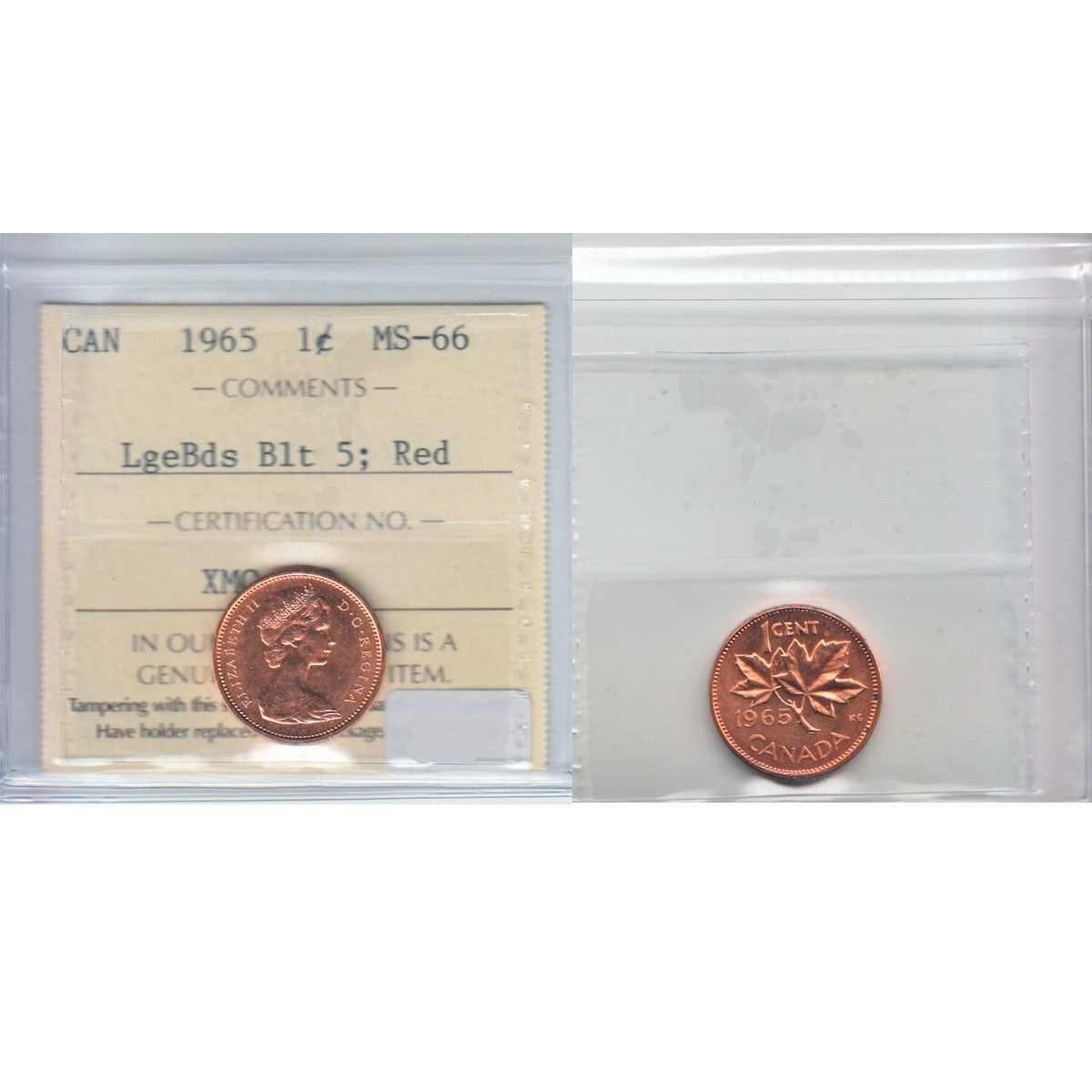 1965 LgBds Bl 5 (Type 3) Canada 1-cent ICCS Certified MS66 Red
