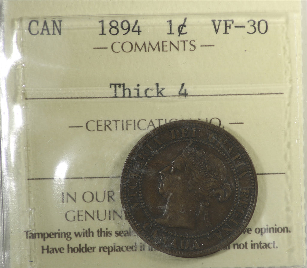 1894 Thick 4 Canada 1-cent ICCS Certified VF30