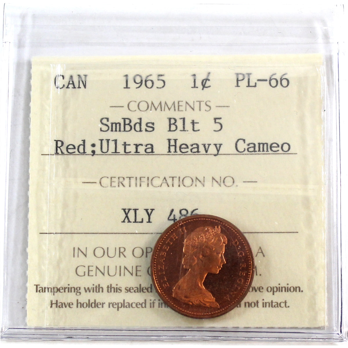 1965 SmBds Blt 5 (Type 2) Canada 1-cent ICCS Certified PL66 Red; Ultra Heavy Cameo