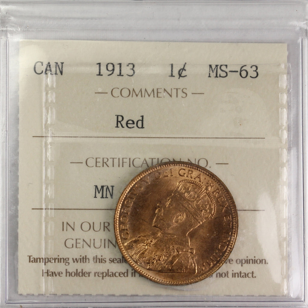 1913 Canada 1-cent ICCS Certified MS63 Red