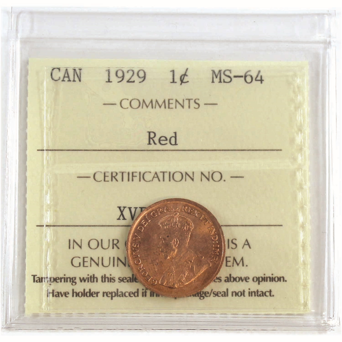 1929 Canada 1-cent ICCS Certified MS64 Red (XVP 341)