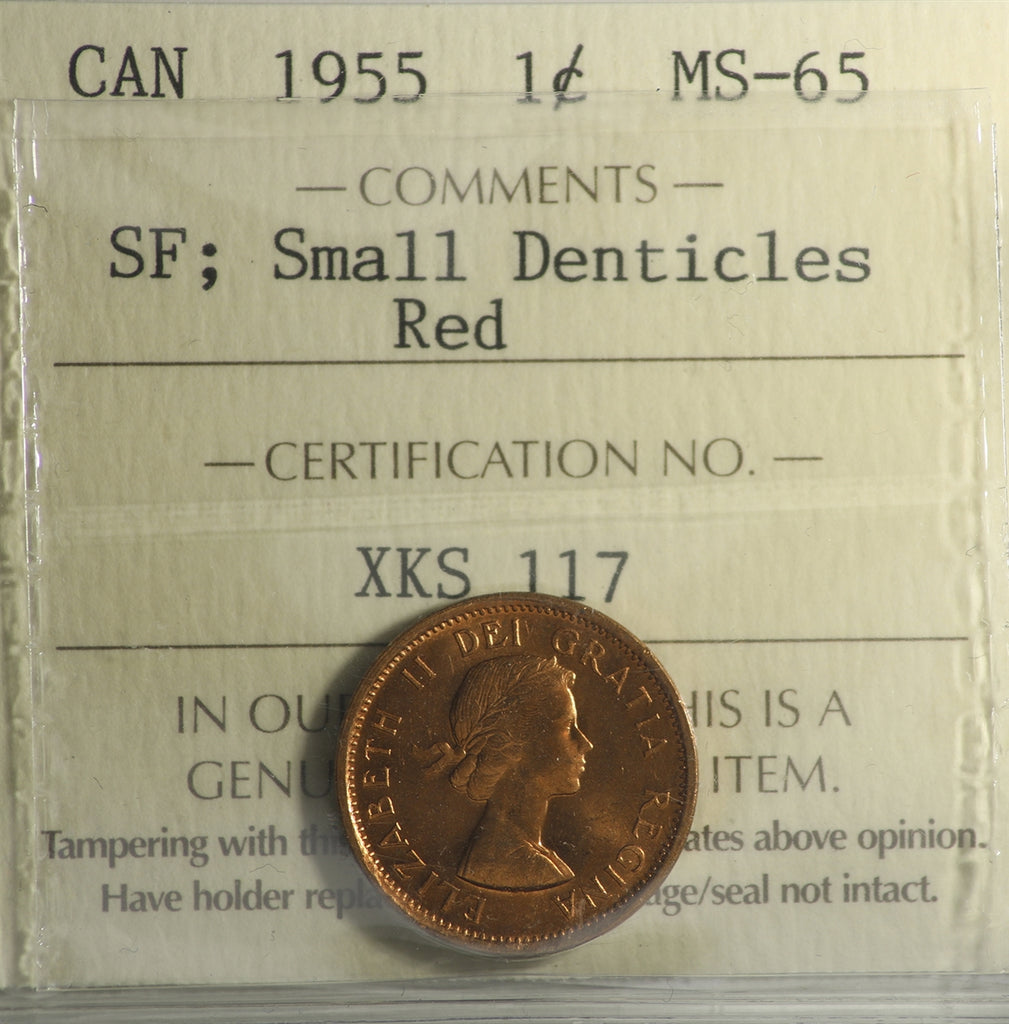 1955 SF, Small Denticles Canada 1-cent ICCS Certified MS65 Red