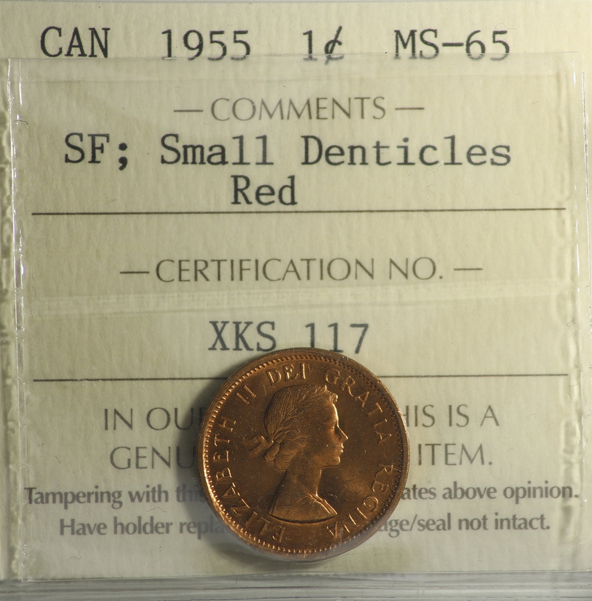 1955 SF, Small Denticles Canada 1-cent ICCS Certified MS65 Red