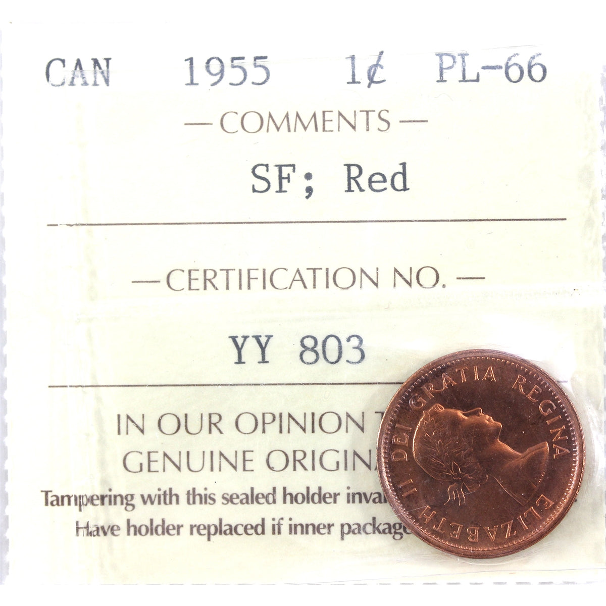 1955 SF Canada 1-cent ICCS Certified PL66 Red