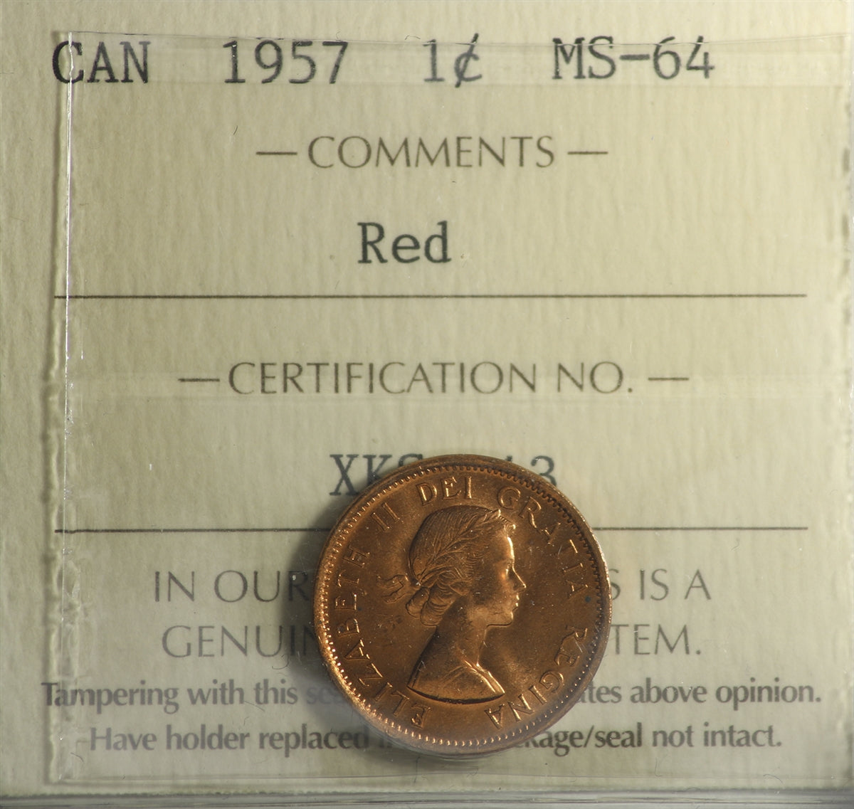 1957 Canada 1-cent ICCS Certified MS64 Red